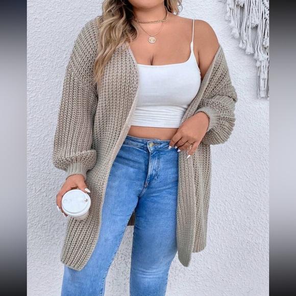 New Open Front Duster Cardigan Oversized Pointelle Drop Shoulder Khaki Knit Cozy - Picture 8 of 16